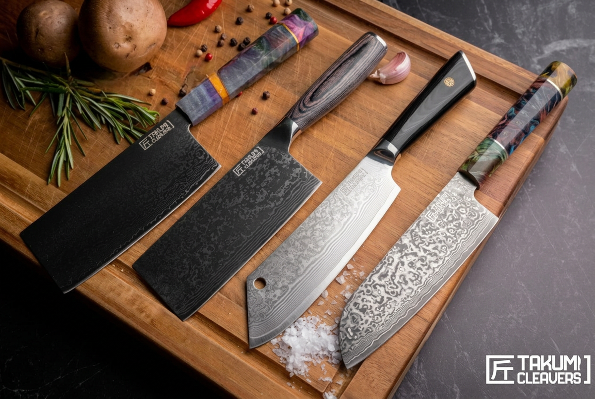 Four kitchen knives with patterned steel blades and colorful handles arranged on a wooden cutting board with herbs, garlic, and potatoes. The Takumi Cleruers logo is visible in the bottom right corner.